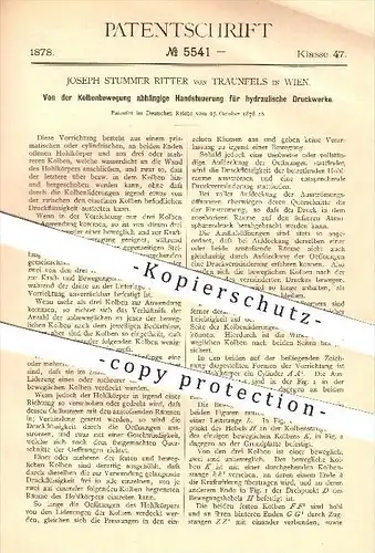 original Patent - Joseph Stummer Ritter von Traunfels in Wien , 1878 , Steuerung für hydraulische Druckwerke , Kolben !!