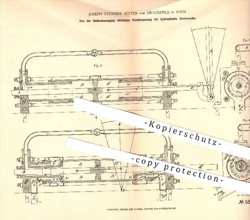 original Patent - Joseph Stummer Ritter von Traunfels in Wien , 1878 , Steuerung für hydraulische Druckwerke , Kolben !!