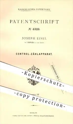 original Patent - Joseph Eisel in Limburg an der Lahn , 1878 , Kontroll-Zählapparat , Zählen , Mathematik !!!