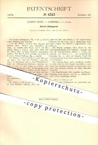 original Patent - Joseph Eisel in Limburg an der Lahn , 1878 , Kontroll-Zählapparat , Zählen , Mathematik !!!