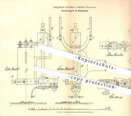 original Patent - Friedrich Steuber in Siegen , 1878 , Zierstich - Apparat für Nähmaschinen , Nähmaschine , Nähen !!!
