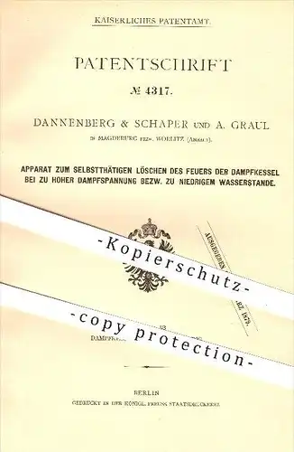 original Patent - Dannenberg & Schaper und A. Graul in Magdeburg , Wörlitz , 1878 , Löschen des Feuers der Dampfkessel !