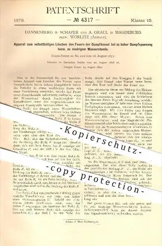 original Patent - Dannenberg & Schaper und A. Graul in Magdeburg , Wörlitz , 1878 , Löschen des Feuers der Dampfkessel !