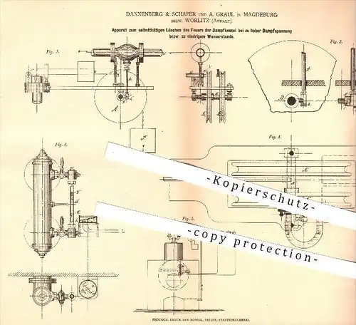 original Patent - Dannenberg & Schaper und A. Graul in Magdeburg , Wörlitz , 1878 , Löschen des Feuers der Dampfkessel !