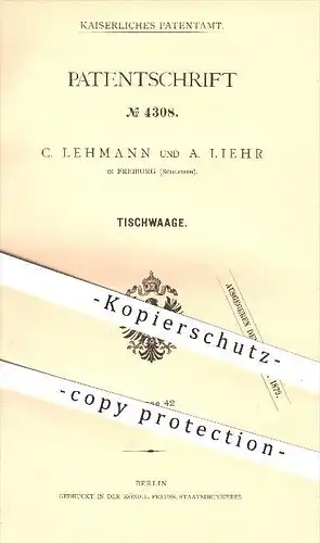 original Patent - C. Lehmann und A. Liehr in Freiburg , Schlesien , 1878 , Tischwaage , Waage , Waagen , Dezimalwaage !!