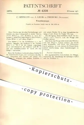 original Patent - C. Lehmann und A. Liehr in Freiburg , Schlesien , 1878 , Tischwaage , Waage , Waagen , Dezimalwaage !!