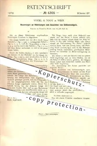 original Patent - Vogel & Noot in Wien , 1878 , Hebelzange zum Ausziehen von Schienennägeln , Zange , Nagel , Werkzeug