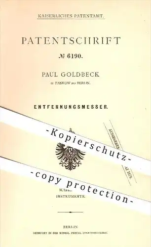 original Patent - Paul Goldbeck in Pankow bei Berlin , 1879 , Entfernungsmesser , Kreismesser , Kreis !!!
