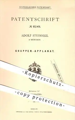 original Patent - Adolf Steinheil in München , 1879 , Gruppen - Applanat , Objektiv , Kamera , Fotografie , Foto !!!