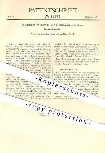 original Patent - Wilhelm Tobusch in St. Johann an der Saar , 1880 , Notenblattwender , Notenblatt , Noten , Musik !!!