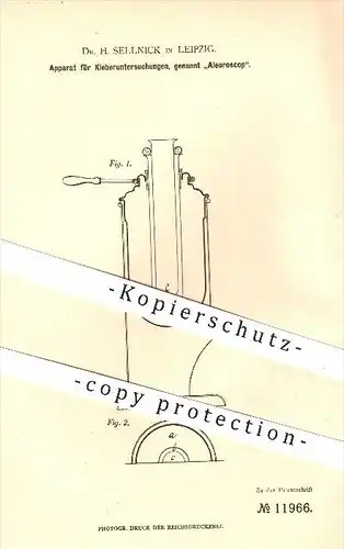 original Patent - Dr. H. Sellnick in Leipzig , 1880 , Aleuroskop für Klebeuntersuchungen , Aleurometer , Kessel , Kleber