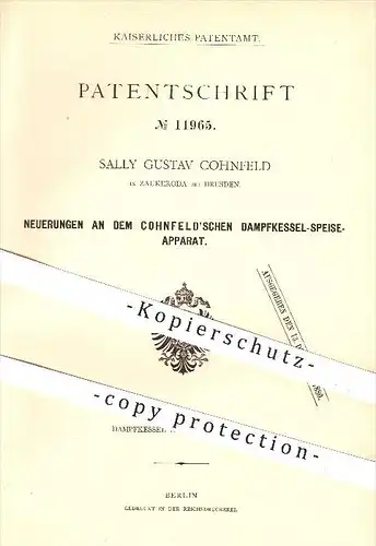 original Patent - Sally Gustav Cohnfeld in Zaukeroda bei Dresden , 1880 , Cohnfeld'scher Dampfkessel - Speiseapparat !!!
