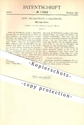 original Patent - Gebrüder Mittelstrass in Magdeburg , 1880 , Milchprüfer , Milch , Landwirtschaft , Bauer , Milchbauer