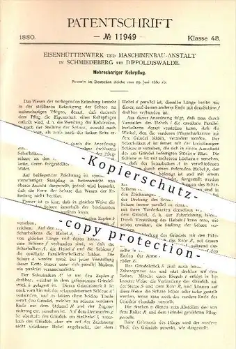 original Patent - Eisenhüttenwerk u. Maschinenbau - Anstalt , Schmiedeberg , Dippoldiswalde , 1880 , Kehrpflug , Pflug !