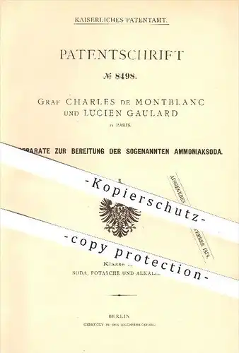 original Patent - Graf Charles de Montblanc und Lucien Gaulard in Paris , 1879 , Bereitung von Ammoniaksoda , Ammoniak !