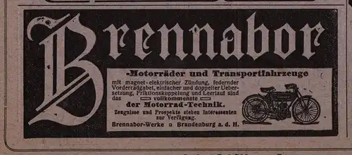 original Werbung / Reklame - 1914 - Brennabor , Motorrad , Motorräder in Brandenburg a.H. !!!
