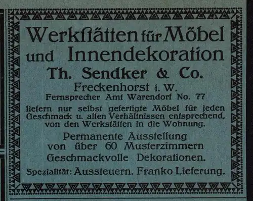 original Werbung / Reklame - 1914 - Werkstatt für Möbel , Th. Sendker & Co. in Freckenhorst / Warendorf  !!!