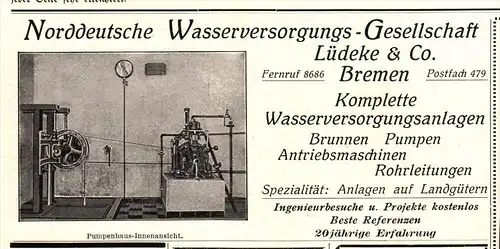 original Werbung / Reklame - 1914 - Wasserversorgung , Lüdeke & Co. in Bremen , Wasserwerk !!!