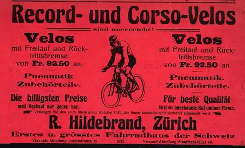 original Werbung - 1911 - Record- und Corso-Velos , R. Hildebrand in Zürich , Fahrräder , Fahrrad    !!!