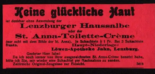 original Werbung - 1911 - Lenzburger Hautsalbe , Löwenapotheke in Lenzburg !!!