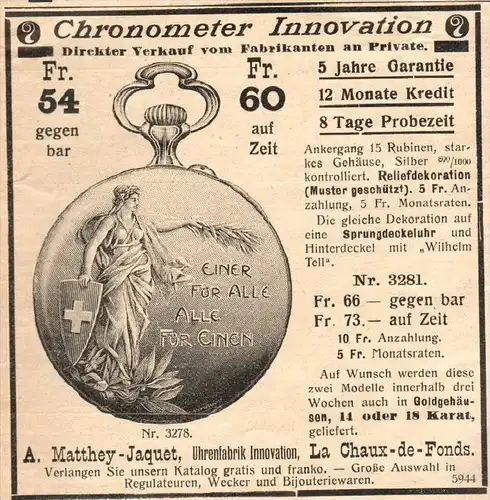 original Werbung - 1911 -  Chronometer , A. Matthey-Jaquet , La Chaux-de-Fonds , Uhrenfabrik   !!!