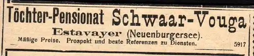 original Werbung - 1911 - Töchter-Pensionat , Schwaar-Vouga , Estavayer , Neuenburgersee !!!