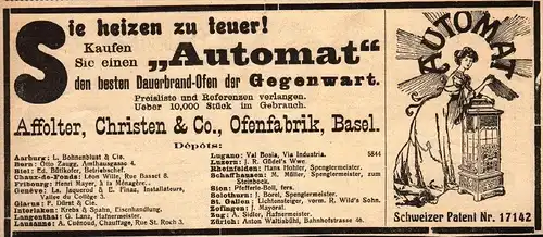 original Werbung - 1911 -  Dauerbrandofen , Affolter , Christen / Co in Basel , Ofenfabrik  !!!