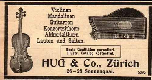 original Werbung - 1911 -   Hug & Co in Zürich , Musikalien , Geige , Violine !!!