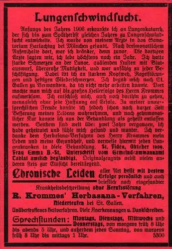 original Werbung - 1911 - Lungenschwindsucht , R. Krommes in Niederteufen b. St. Gallen !!