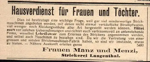 original Werbung - 1911 - Frauen Manz und Menzi , Strickerei in Langenthal   !!