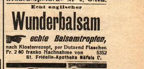 original Werbung - 1911 -  Wunderbalsam , St. Fridolin Apotheke in Näfels !!!
