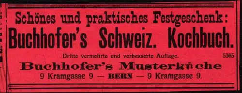 original Werbung - 1911 -  Kochbuch Bucherhofer , Bern !!!