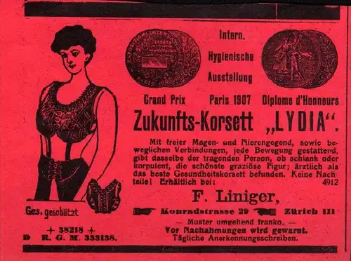 original Werbung - 1911 - Zukunfts-KORSETT , Lydia , F. Liniger in Zürich , corset  !!!