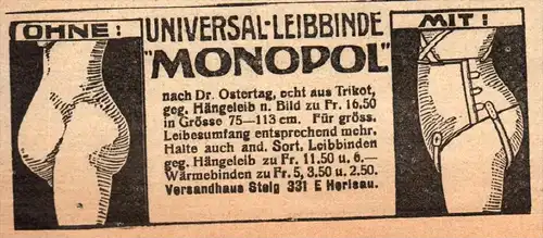 original Werbung - 1911 -  Leibbinde MONOPOL , Herisau !!!