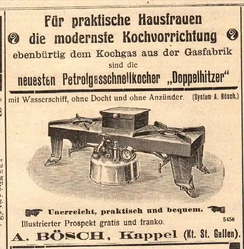 original Werbung - 1911 -  A. Bösch in Kappel , Petrol-Gaskocher  !!!