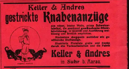 original Werbung - 1911 -  Knabenanzüge in Suhr b. Aarau , Keller & Andres  !!!
