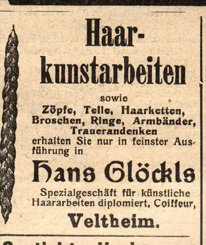 original Werbung - 1911 - Haar-Kunst , Hans Glöckls in Veltheim !!!