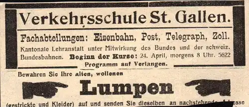 original Werbung - 1911 -  Verkehrsschule St. Gallen , Eisenbahn , Post , Telegraph , Zoll  !!!