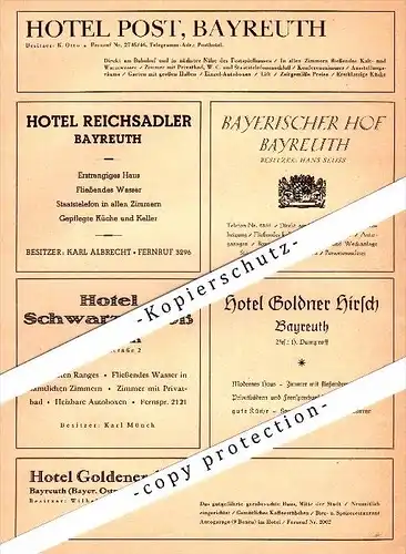 original Werbung - 1942 - Bayreuth , Post , Hotel Reichsadler , Goldner Hirsch , Goldener Anker ,  A4 Seite !!!