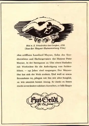 original Werbung - 1942 - Hut Seidel , Freidrich der Große , Sterngasse in Ulm , Peter Mayser !!!