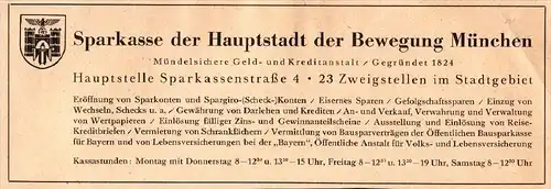 original Werbung - 1942 - Sparkasse der Hauptstadt der Bewegung München !!!