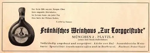 original Werbung - 1942 - Fränkisches Weinhaus , Zur Torggelstube in München , Hofbräuhaus !!!