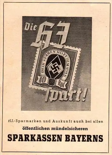 original Werbung - 1942 - Die HJ hilft sparen , HJ - Sparmarke , Sparkasse Bayern , Briefmarke !!!
