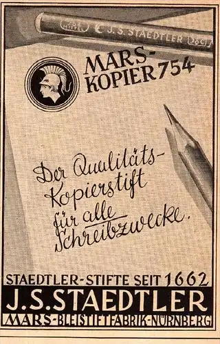original Werbung - 1942 - Mars - Kopierstift , J.S. Staedtler , Bleistiftfabrik , Bleistifte !!!