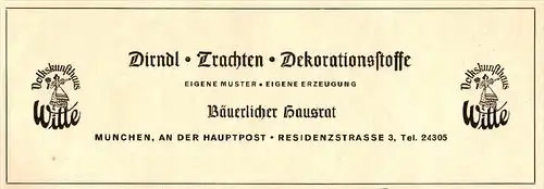 original Werbung - 1942 - Dirndl , Trachten , Volkskunsthaus Witte , München an der Hauptpost !!!