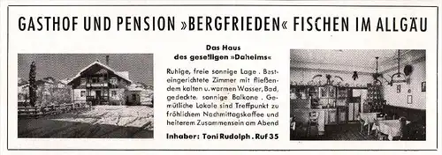 original Werbung - 1942 - Gasthof und Pension Bergfrieden , Fischen b. Oberstdorf i. Allgäu , T. Rudolph !!!