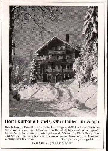 original Werbung - 1942 - Hotel Kurhaus Eichele in Oberstaufen i. Allgäu , Josef Michl !!!