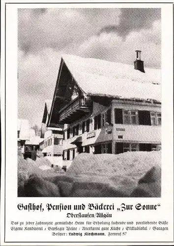 original Werbung - 1942 - Gasthof , Pension und Bäckerei , Zur Sonne in Oberstaufen i. Allgäu , L. Kirchmann !!!