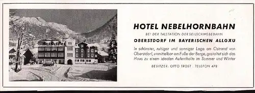 original Werbung - 1942 - Hotel Nebelhornbahn in Oberstdorf i. Allgäu , Otto Trost !!!