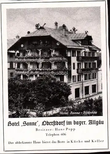 original Werbung - 1942 - Hotel Sonne in Oberstdorf i. Allgäu , Hans Popp !!!